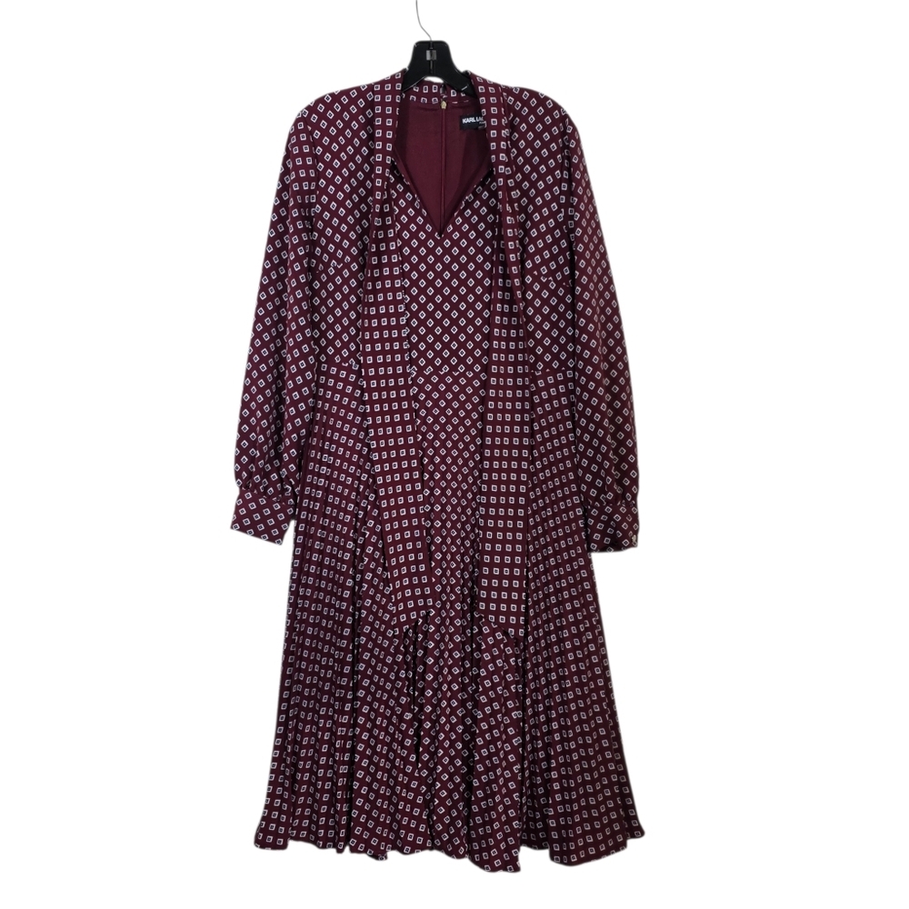 Karl Lagerfeld Burgundy Geometric print Long Sleeve tie front pleated midi Dress
